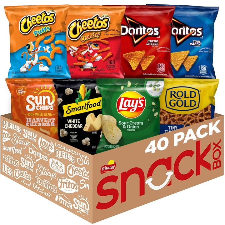 Delight in the Frito Lay Fun Times Mix Variety Pack with 40 single-serve bags featuring Doritos, Lay's, Cheetos, Smartfood, Rold Gold, and Sunchips. Perfect for school lunches, after-school snacks, or parties, this mix offers 8 popular flavors to satisfy every craving. Convenient, ready-to-eat, and fun for kids, families, and office snacks, enjoy the classic taste of your favorite chips anytime.