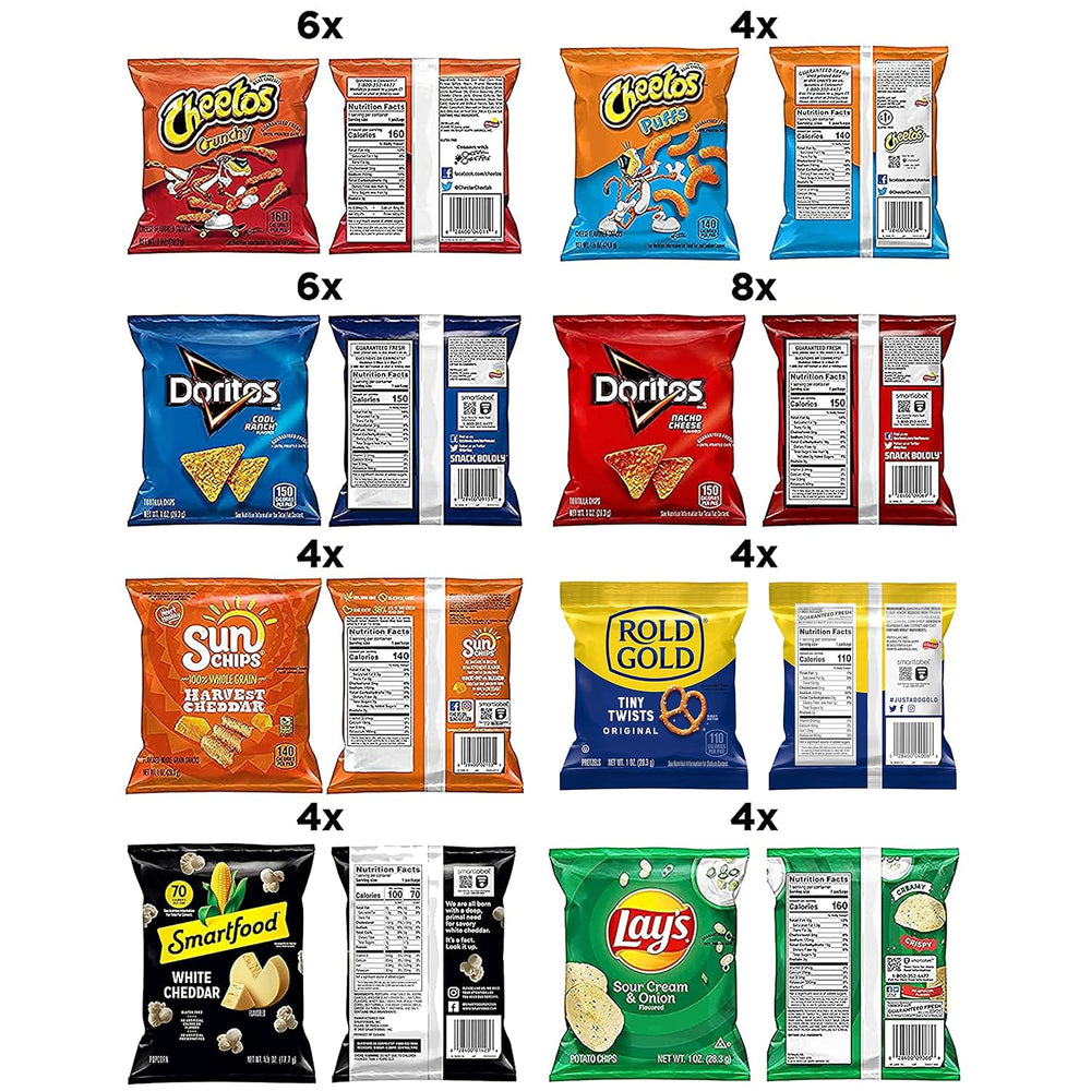 Delight in the Frito Lay Fun Times Mix Variety Pack with 40 single-serve bags featuring Doritos, Lay's, Cheetos, Smartfood, Rold Gold, and Sunchips. Perfect for school lunches, after-school snacks, or parties, this mix offers 8 popular flavors to satisfy every craving. Convenient, ready-to-eat, and fun for kids, families, and office snacks, enjoy the classic taste of your favorite chips anytime.