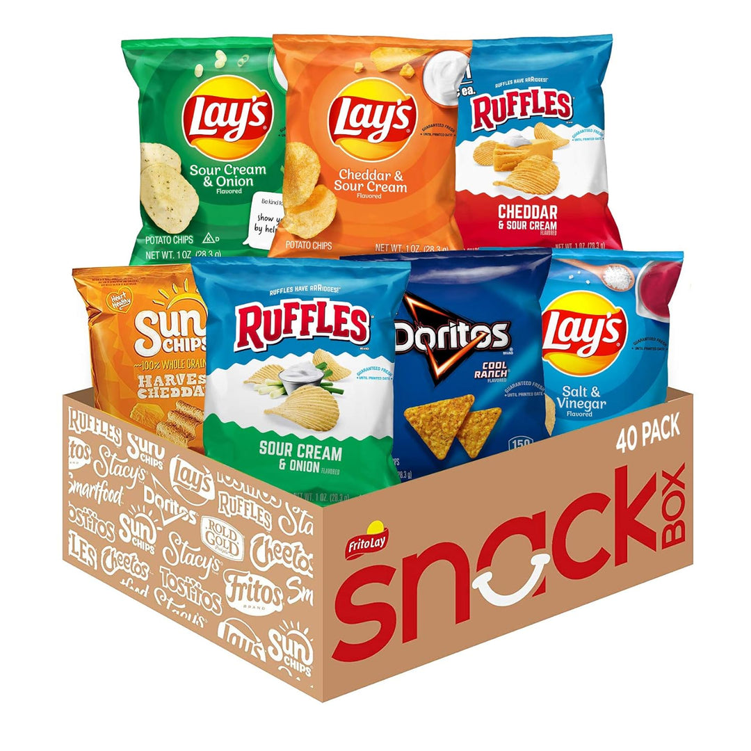 Satisfy snack cravings with the Frito Lay Tangy Favorites Mix Variety Pack. This 40-count pack includes Lay’s Salt &amp; Vinegar, Cheddar &amp; Sour Cream, Ruffles Cheddar &amp; Sour Cream, Ruffles Sour Cream &amp; Onion, Doritos Cool Ranch, and Sunchips Harvest Cheddar. Perfect for school, work, road trips, or lunch snacks. Individually wrapped for easy portion control and on-the-go convenience. Ideal for kids, adults, parties, or as a snack gift.