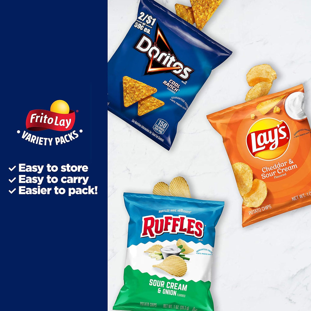 Satisfy snack cravings with the Frito Lay Tangy Favorites Mix Variety Pack. This 40-count pack includes Lay’s Salt &amp; Vinegar, Cheddar &amp; Sour Cream, Ruffles Cheddar &amp; Sour Cream, Ruffles Sour Cream &amp; Onion, Doritos Cool Ranch, and Sunchips Harvest Cheddar. Perfect for school, work, road trips, or lunch snacks. Individually wrapped for easy portion control and on-the-go convenience. Ideal for kids, adults, parties, or as a snack gift.