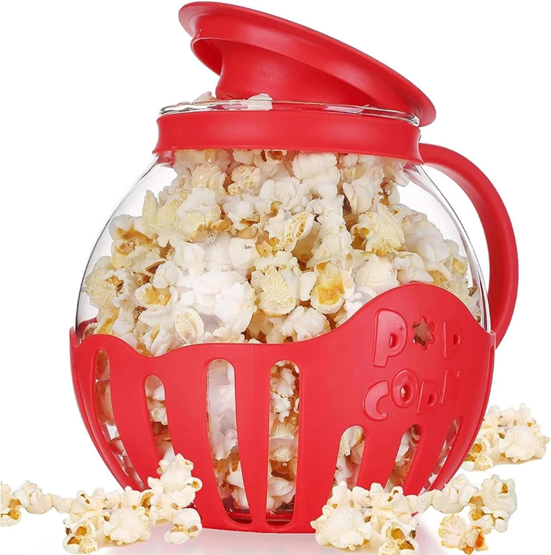 GIEZL - Microwave Popcorn Popper | Crafted With Borosilicate Glass | 3 in 1 Lid | Silicone Exterior & Lid Ensures Secure Grip | Microwave Popcorn Maker | 1.50 Quart | Silicone Popcorn Popper | Red