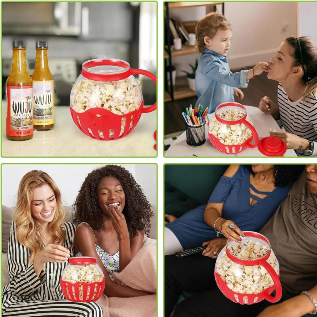 GIEZL - Microwave Popcorn Popper | Crafted With Borosilicate Glass | 3 in 1 Lid | Silicone Exterior & Lid Ensures Secure Grip | Microwave Popcorn Maker | 1.50 Quart | Silicone Popcorn Popper | Red