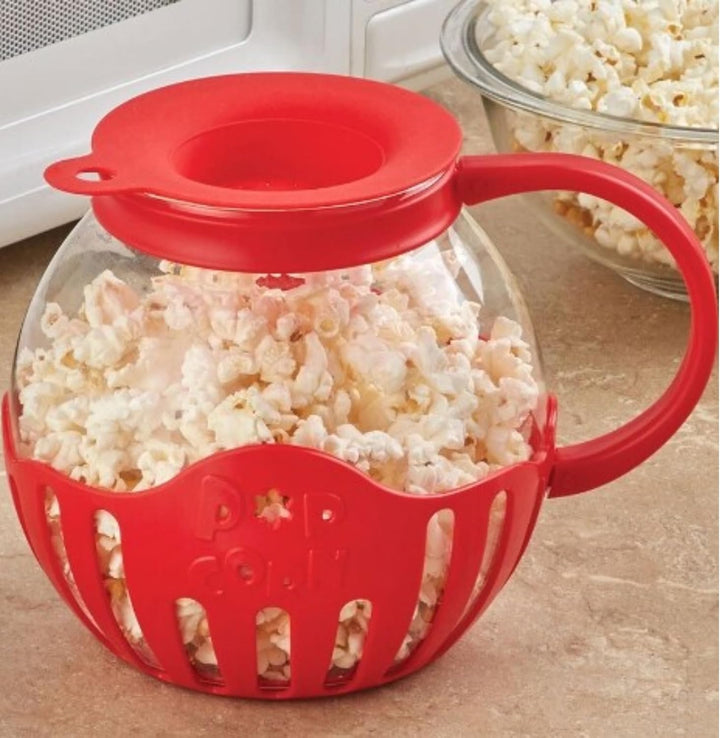 GIEZL - Microwave Popcorn Popper | Crafted With Borosilicate Glass | 3 in 1 Lid | Silicone Exterior & Lid Ensures Secure Grip | Microwave Popcorn Maker | 1.50 Quart | Silicone Popcorn Popper | Red