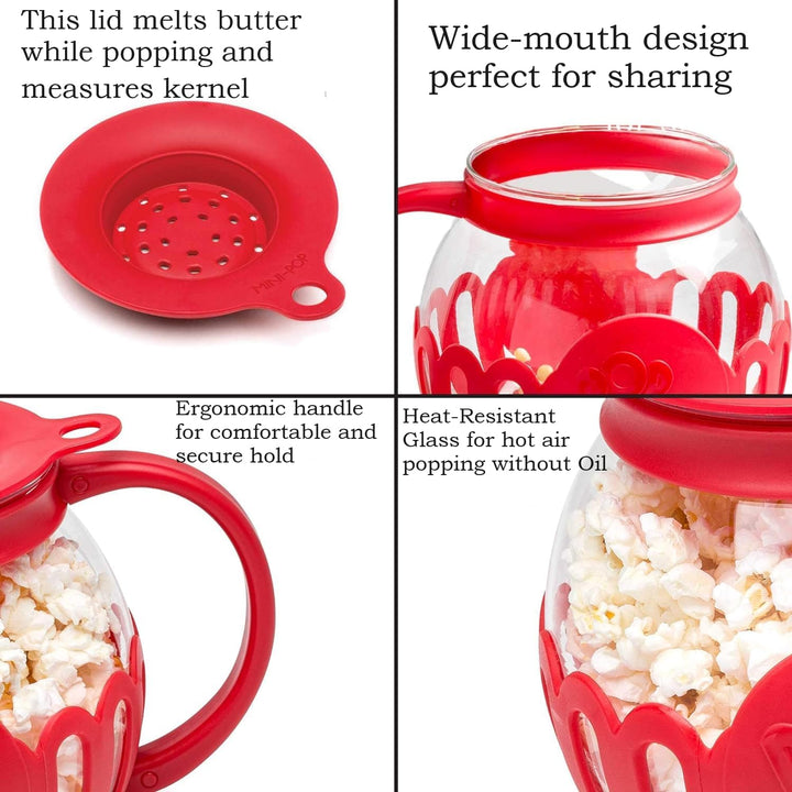 GIEZL - Microwave Popcorn Popper | Crafted With Borosilicate Glass | 3 in 1 Lid | Silicone Exterior & Lid Ensures Secure Grip | Microwave Popcorn Maker | 1.50 Quart | Silicone Popcorn Popper | Red