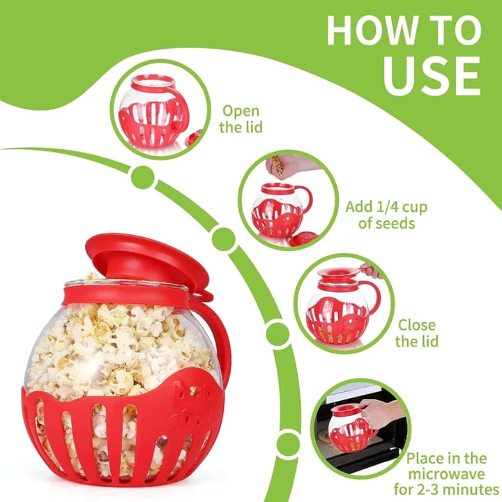 GIEZL - Microwave Popcorn Popper | Crafted With Borosilicate Glass | 3 in 1 Lid | Silicone Exterior & Lid Ensures Secure Grip | Microwave Popcorn Maker | 1.50 Quart | Silicone Popcorn Popper | Red