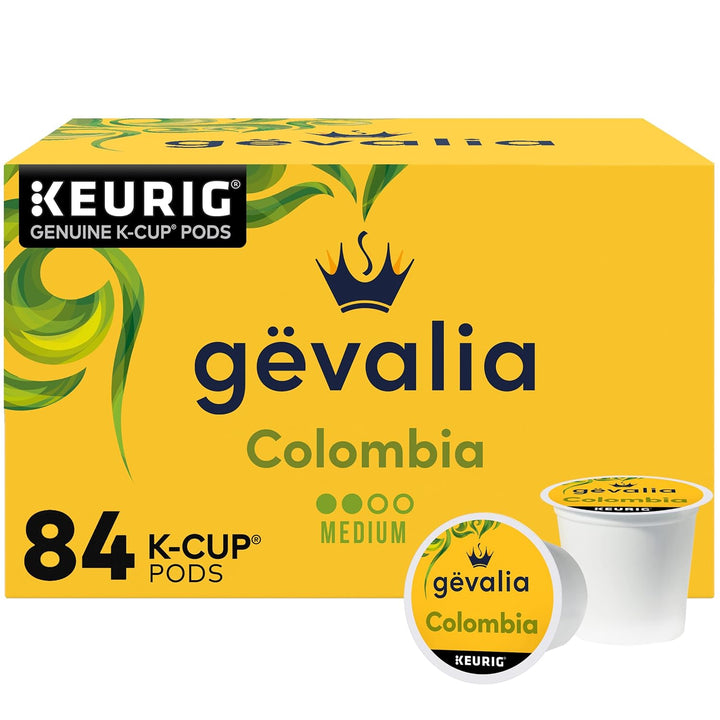 Colombian coffee pods, Gevalia K-Cups, medium roast Keurig coffee, keto coffee pods, low carb coffee, Arabica coffee pods, gluten free coffee, kosher K-Cup coffee, 84 count K-Cups, Keurig compatible coffee