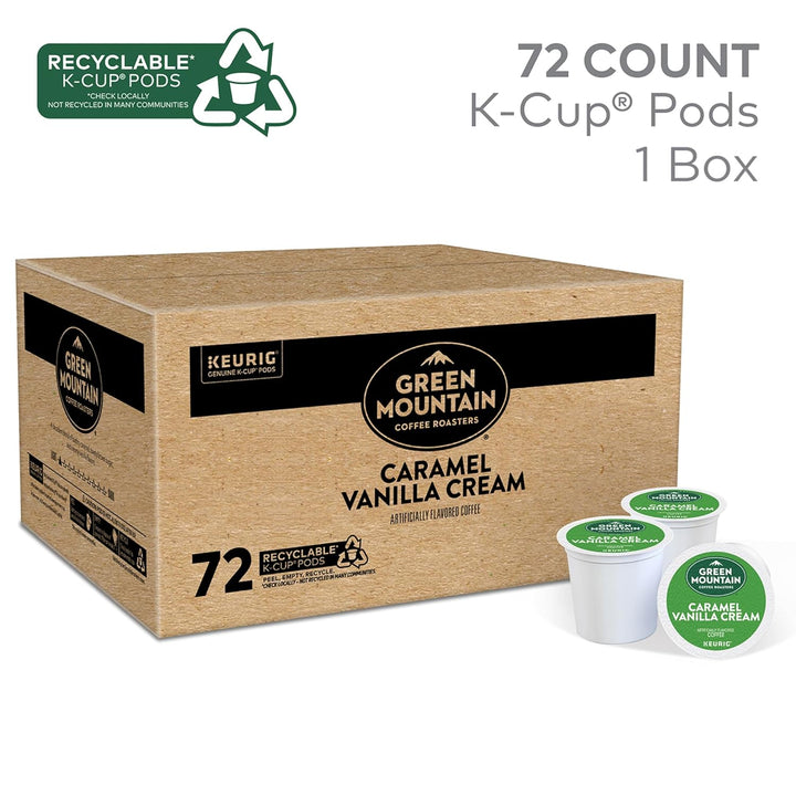 Green Mountain K-Cup pods, caramel vanilla coffee, light roast coffee pods, flavored Keurig coffee, Keurig single-serve coffee, 72 count K-Cups, sweet coffee blend, Green Mountain Coffee Roasters, Kosher K-Cup pods, sustainable coffee pods.