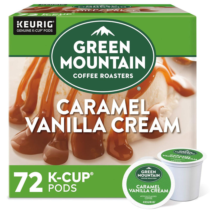 Green Mountain K-Cup pods, caramel vanilla coffee, light roast coffee pods, flavored Keurig coffee, Keurig single-serve coffee, 72 count K-Cups, sweet coffee blend, Green Mountain Coffee Roasters, Kosher K-Cup pods, sustainable coffee pods.