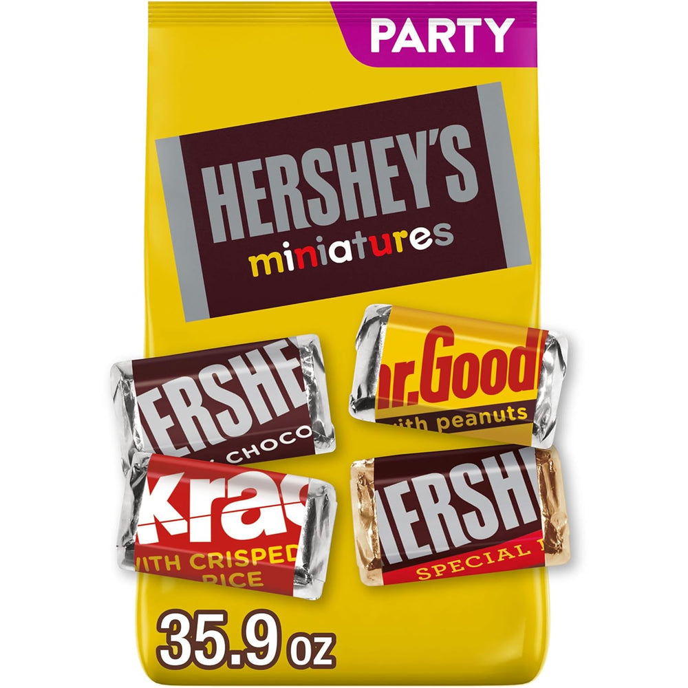 Hershey's miniatures candy package with various flavors on a yellow background