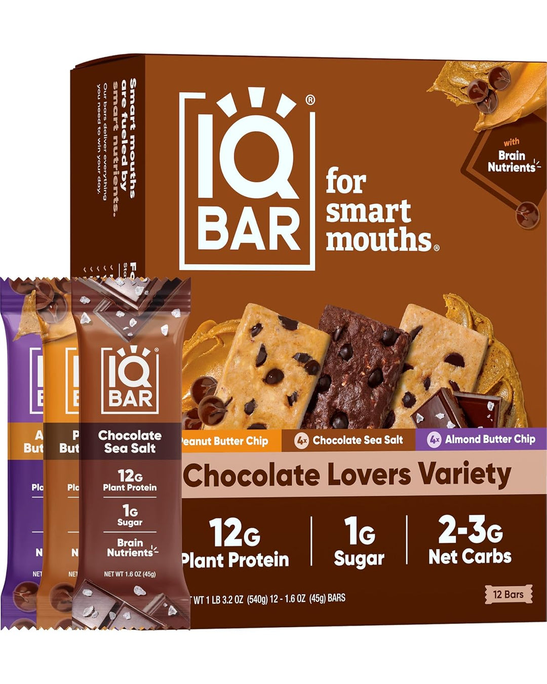 IQBAR Plant Protein Bars - Chocolate Lovers Variety - Keto, Vegan, Low Carb, High Fiber, Gluten/Dairy Free, Low Sugar Snack with Nutrients for Focus, Energy, Meal Replacement 12-Count