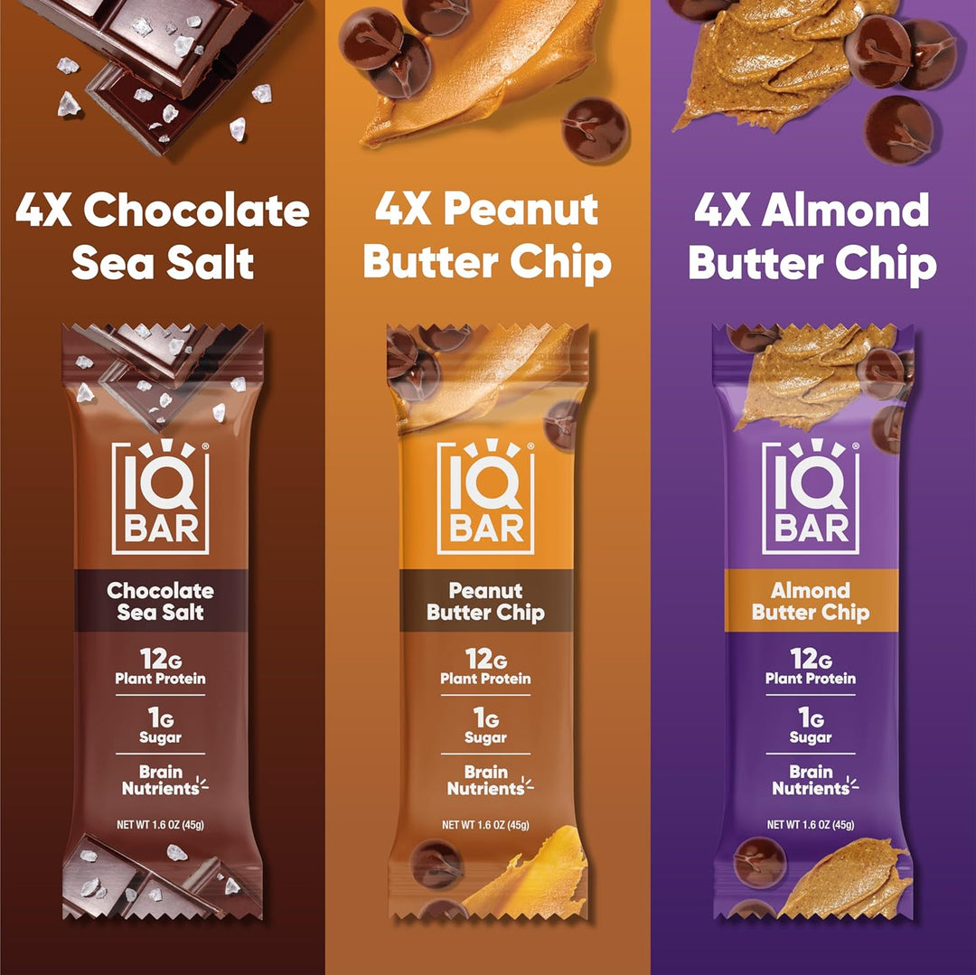 IQBAR Plant Protein Bars - Chocolate Lovers Variety - Keto, Vegan, Low Carb, High Fiber, Gluten/Dairy Free, Low Sugar Snack with Nutrients for Focus, Energy, Meal Replacement 12-Count