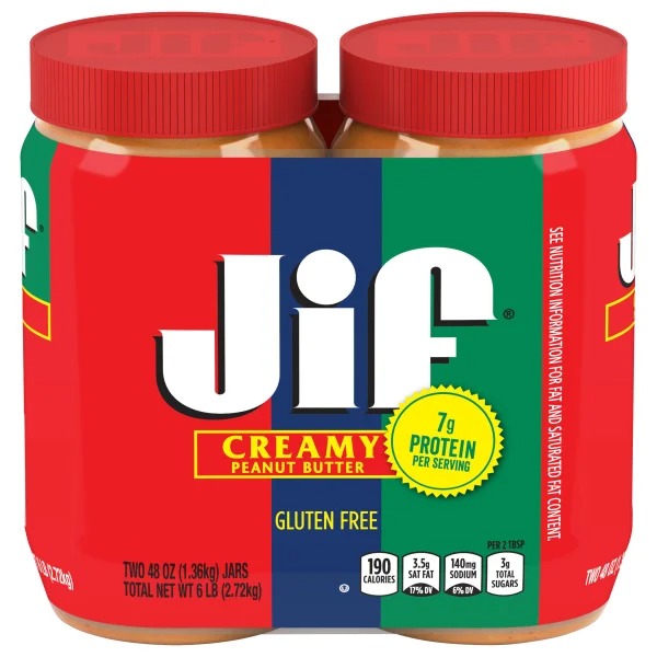 Jif Creamy Peanut Butter, 48oz 2-Pack, 6 lbs Total, Gluten-Free