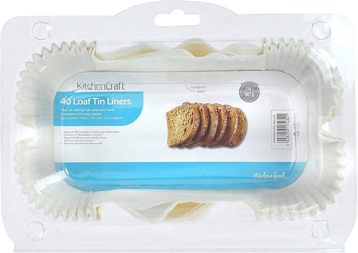 KitchenCraft Loaf Tin Liners, Non Stick 1lb, White Paper, Easy Release and Clean-up, 16,5 x 8.5 cm, Pack of 40