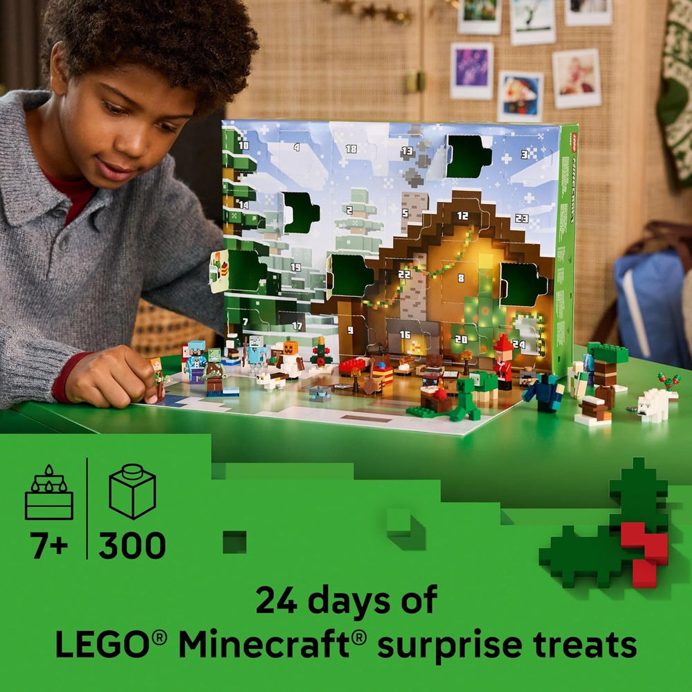 Child playing with a LEGO Minecraft set on a table, with packaging in the background.
