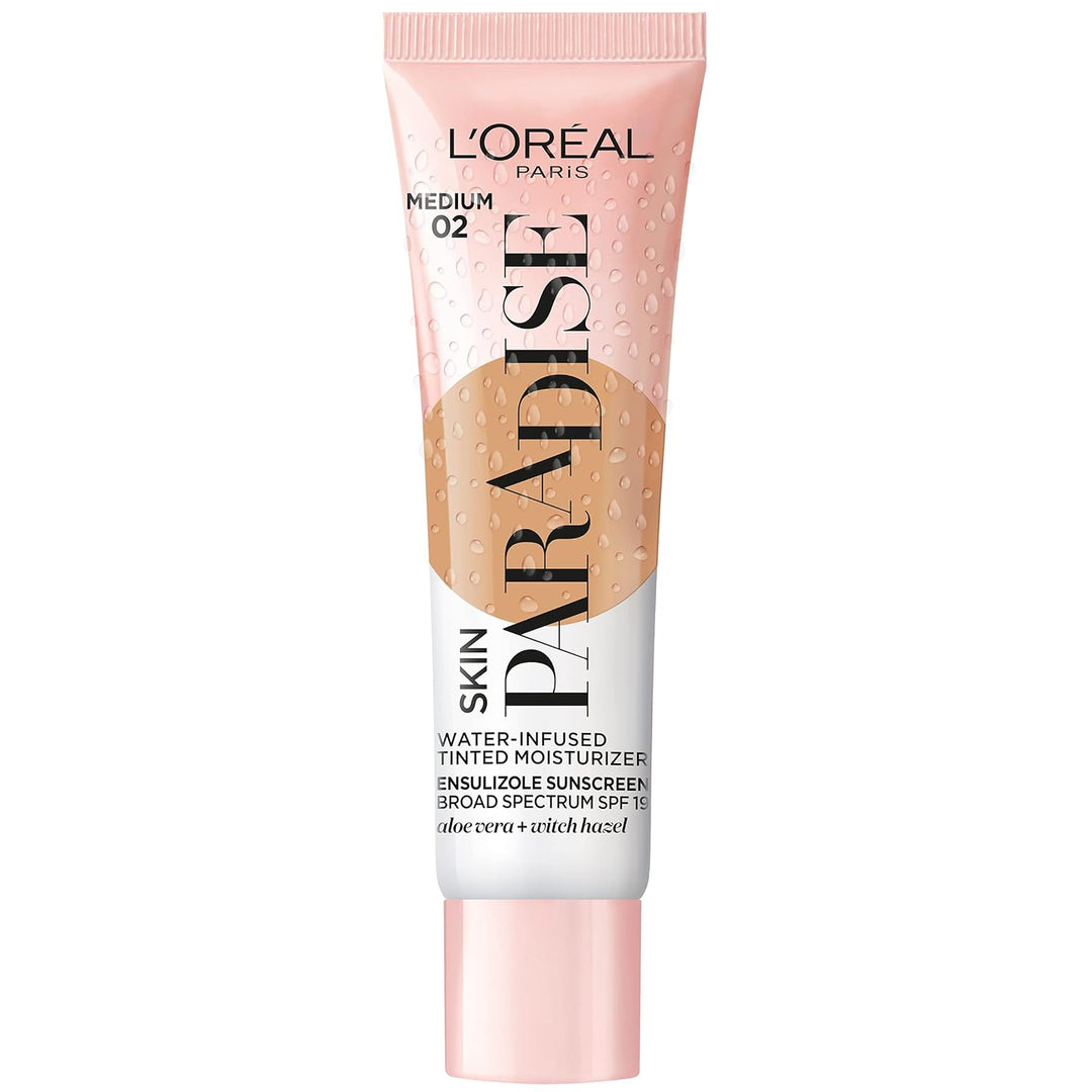 L'Oreal Paris Skin Paradise Water-infused Tinted Moisturizer with Broad Spectrum SPF 19 sunscreen lightweight, natural coverage up to 24h hydration for a fresh, glowing complexion, Medium 02, 1 fl oz