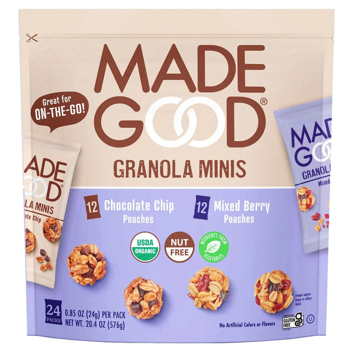 MadeGood Organic Granola Minis, Variety Pack, 0.85 oz, 24-count
Features:
12 - Chocolate Chip
12 - Mixed Berry
0.85 oz Pouch
24 Total Pouches
Kosher