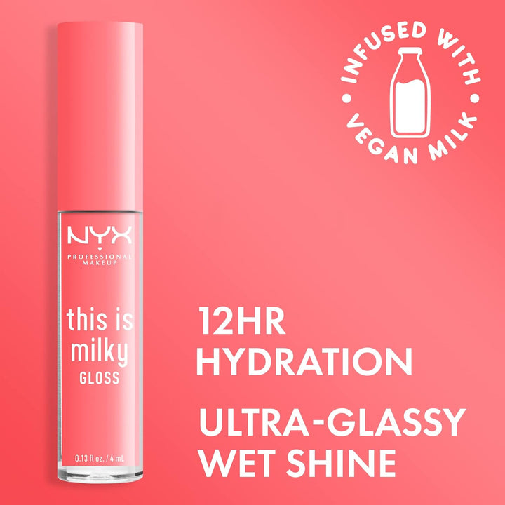 NYX PROFESSIONAL MAKEUP This Is Milky Gloss, Vegan Lip Gloss, 12 Hour Hydration - Moo-dy Peach (Sheer Coral)