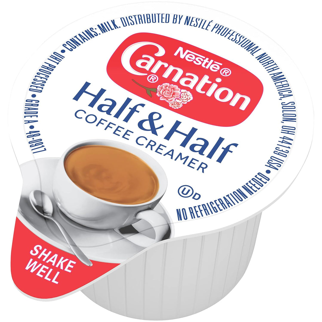 Carnation Half and Half creamer, real dairy coffee creamer, single-serve creamers, shelf stable dairy creamer, no refrigeration creamer pods, office coffee bar creamer, Kosher dairy half and half, Nestlé coffee creamer tubs, 360 count creamer singles, Carnation liquid creamer.