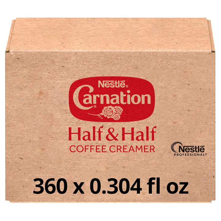 Carnation Half and Half creamer, real dairy coffee creamer, single-serve creamers, shelf stable dairy creamer, no refrigeration creamer pods, office coffee bar creamer, Kosher dairy half and half, Nestlé coffee creamer tubs, 360 count creamer singles, Carnation liquid creamer.