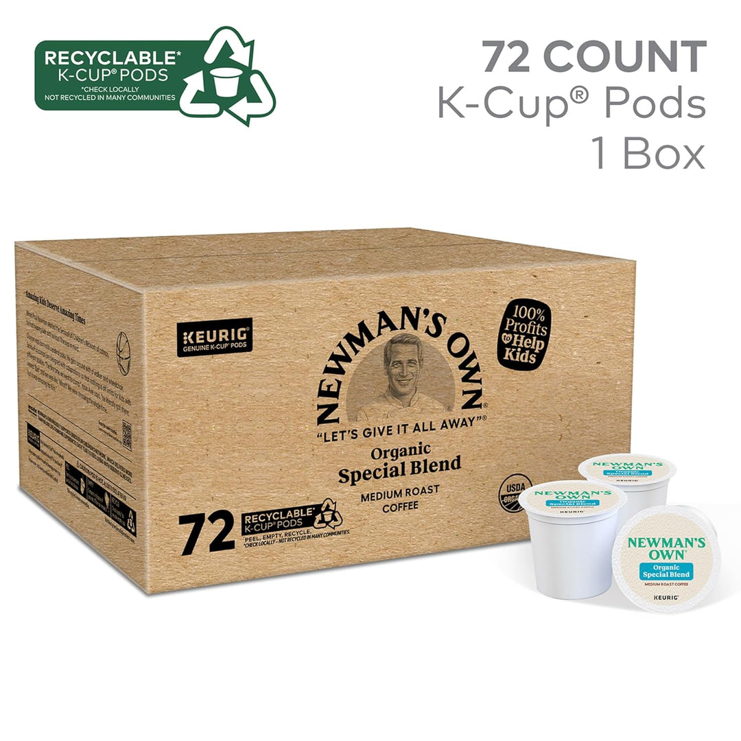 Keurig coffee pods, organic K-Cup coffee, Newman's Own K-Cups, medium roast coffee pods, fair trade K-Cup, single-serve coffee pods, 72 count coffee pods, Kosher K-Cup coffee, Keurig-compatible pods.