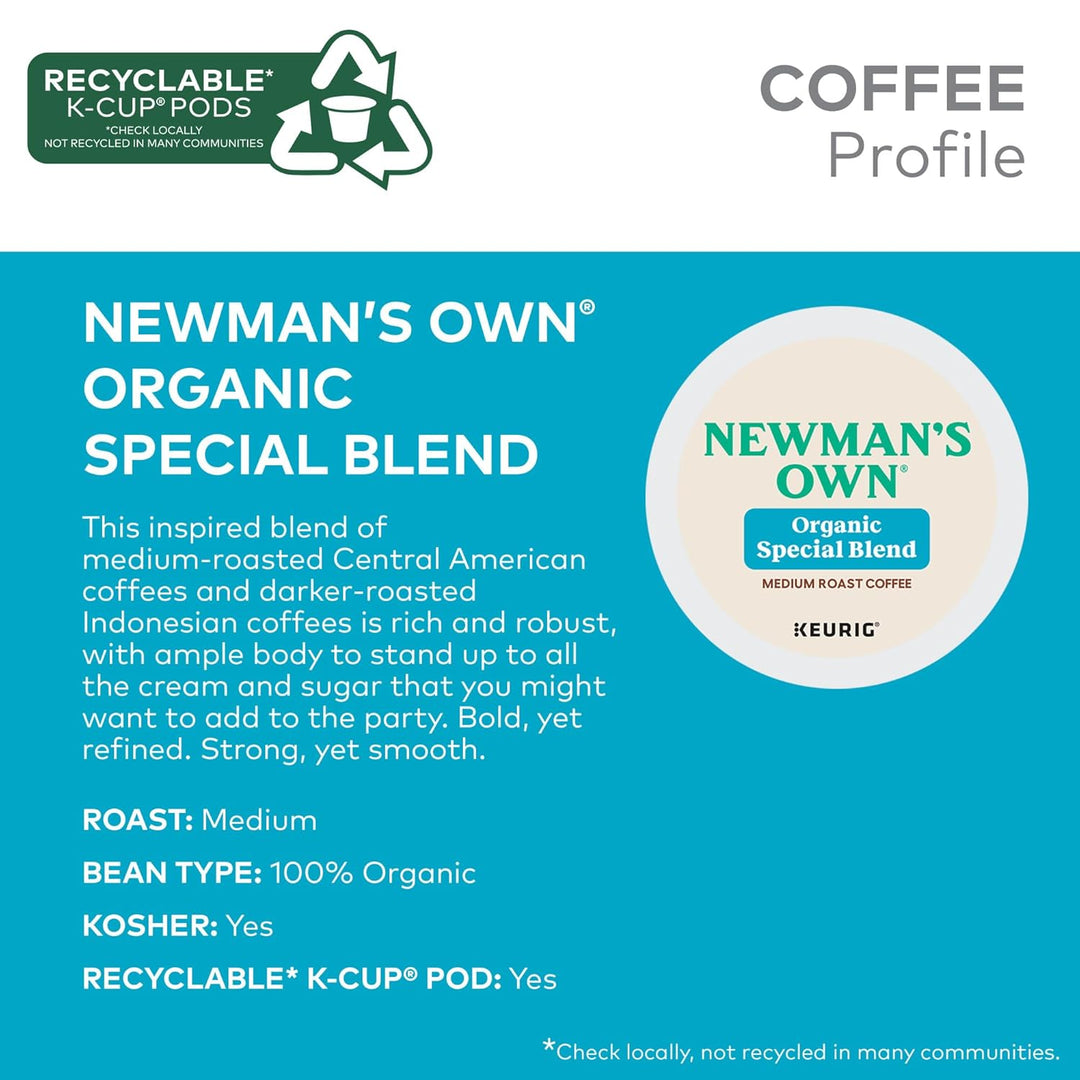 Keurig coffee pods, organic K-Cup coffee, Newman's Own K-Cups, medium roast coffee pods, fair trade K-Cup, single-serve coffee pods, 72 count coffee pods, Kosher K-Cup coffee, Keurig-compatible pods.