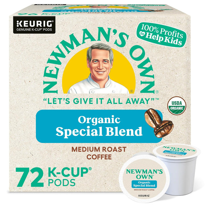 Keurig coffee pods, organic K-Cup coffee, Newman's Own K-Cups, medium roast coffee pods, fair trade K-Cup, single-serve coffee pods, 72 count coffee pods, Kosher K-Cup coffee, Keurig-compatible pods.