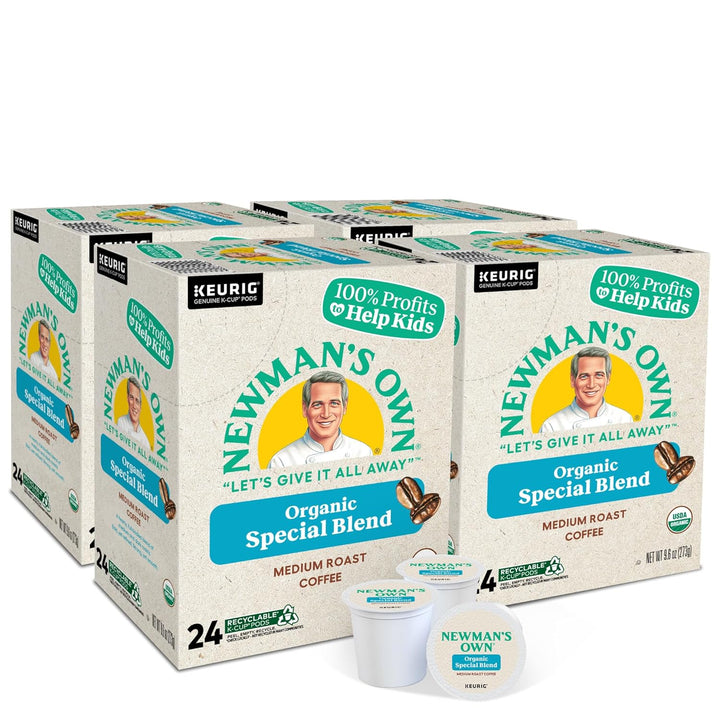 Newman's Own K-Cups, organic medium roast coffee, Fair Trade K-Cup pods, recyclable coffee pods, Keurig compatible organic coffee, single-serve eco coffee, bold smooth coffee, kosher coffee pods, organic office coffee, sustainable coffee blend