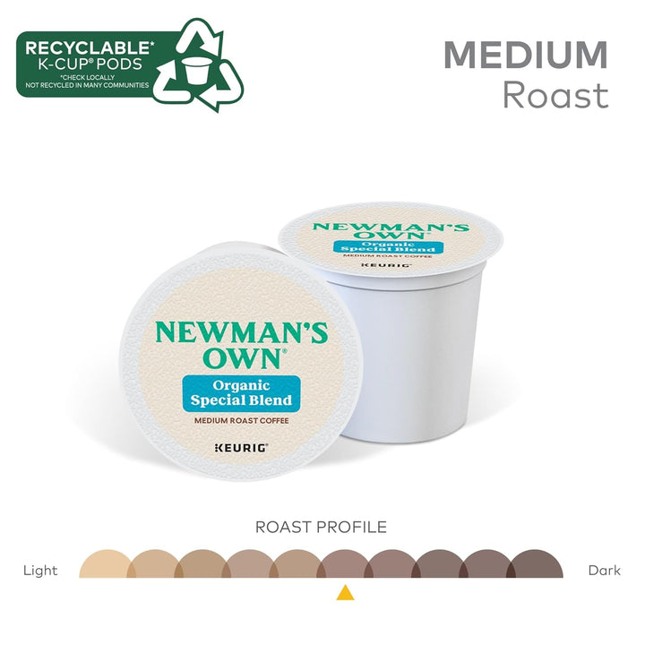 Newman's Own K-Cups, organic medium roast coffee, Fair Trade K-Cup pods, recyclable coffee pods, Keurig compatible organic coffee, single-serve eco coffee, bold smooth coffee, kosher coffee pods, organic office coffee, sustainable coffee blend