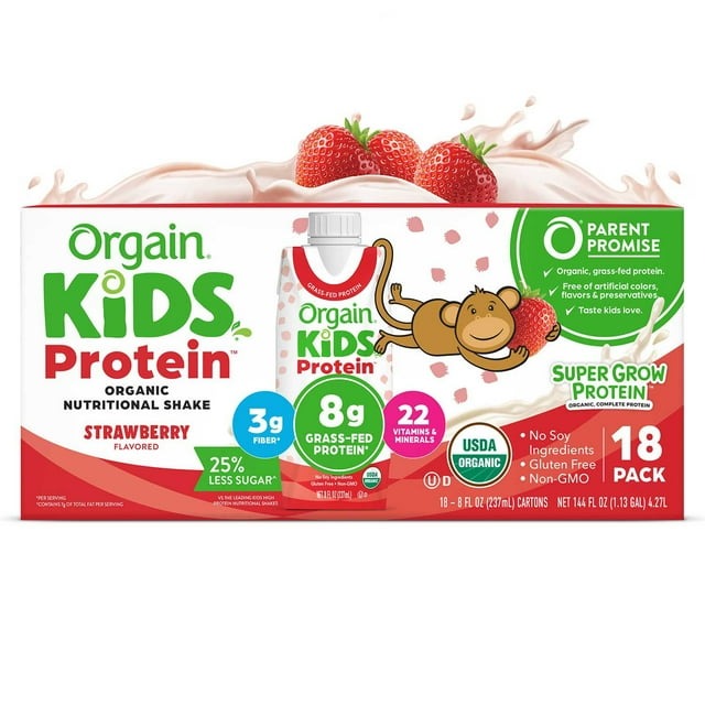 Orgain Kids 8g Protein Organic Nutrition Shake, Strawberry 8 fl. oz., 18 pk.