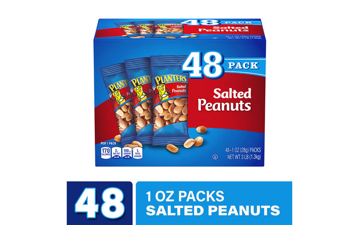Planters salted peanuts 48 pack, 1 oz peanut snack packs, high protein nut snack, kosher peanut snacks, sea salt roasted peanuts, on-the-go peanut packs, office snack box peanuts, bulk snack nuts, vitamin E rich snacks, Planters peanuts single serve.