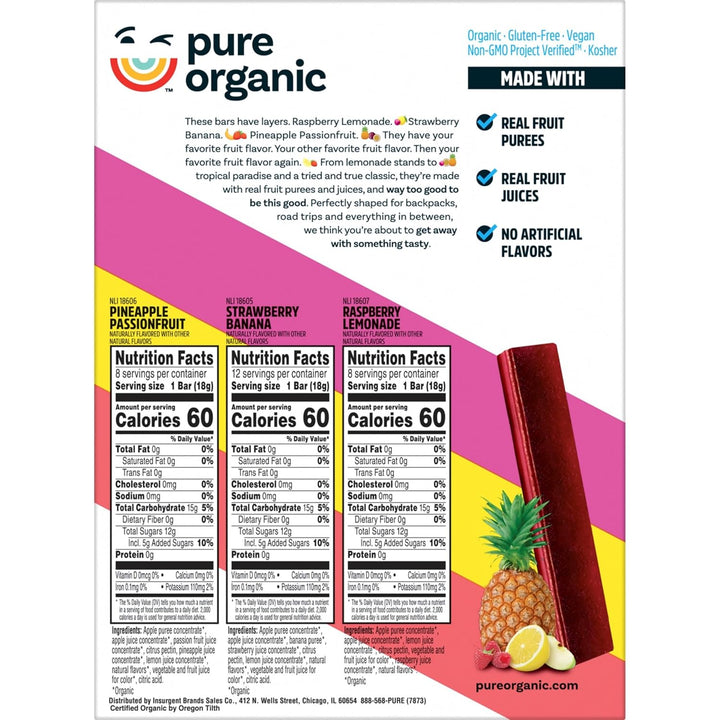 Pure Organic Layered Fruit Bars Variety Pack, 28 Count, USDA Organic
Kosher
Gluten free
Vegan
Non-GMO
USDA organic
Naturally flavored with other natural flavors