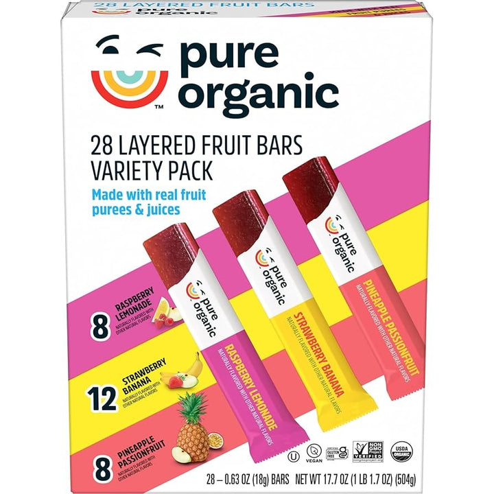 Pure Organic Layered Fruit Bars Variety Pack, 28 Count, USDA Organic
Kosher
Gluten free
Vegan
Non-GMO
USDA organic
Naturally flavored with other natural flavors