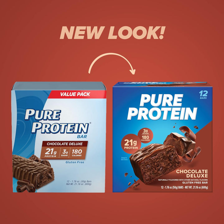 Pure Protein Chocolate Deluxe Bars, 12 Ct, 21g Protein, Low Sugar