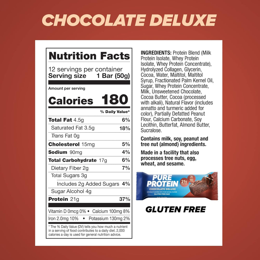 Pure Protein Chocolate Deluxe Bars, 12 Ct, 21g Protein, Low Sugar