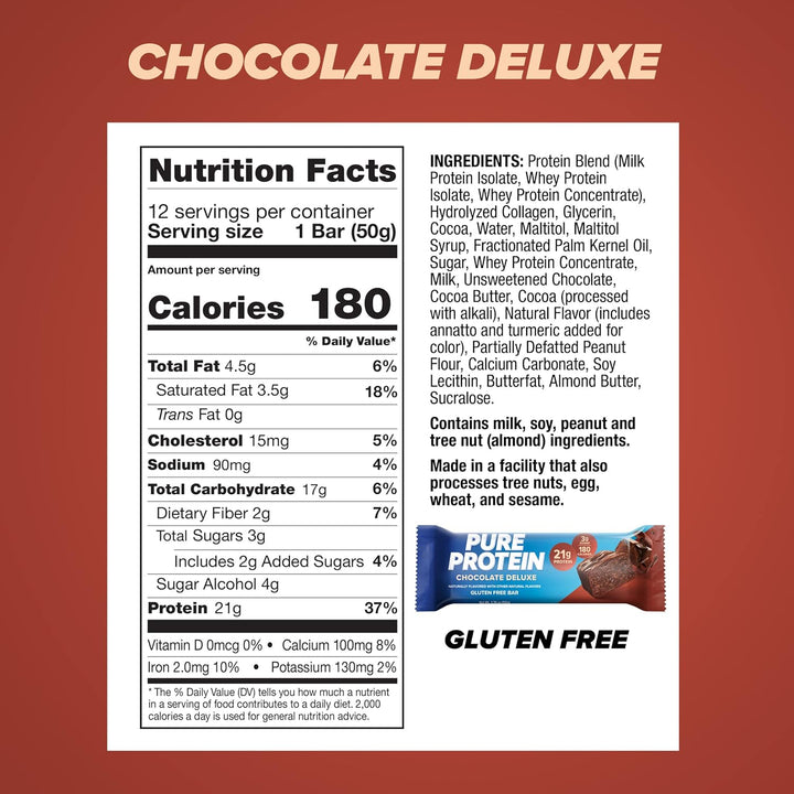 Pure Protein Chocolate Deluxe Bars, 12 Ct, 21g Protein, Low Sugar