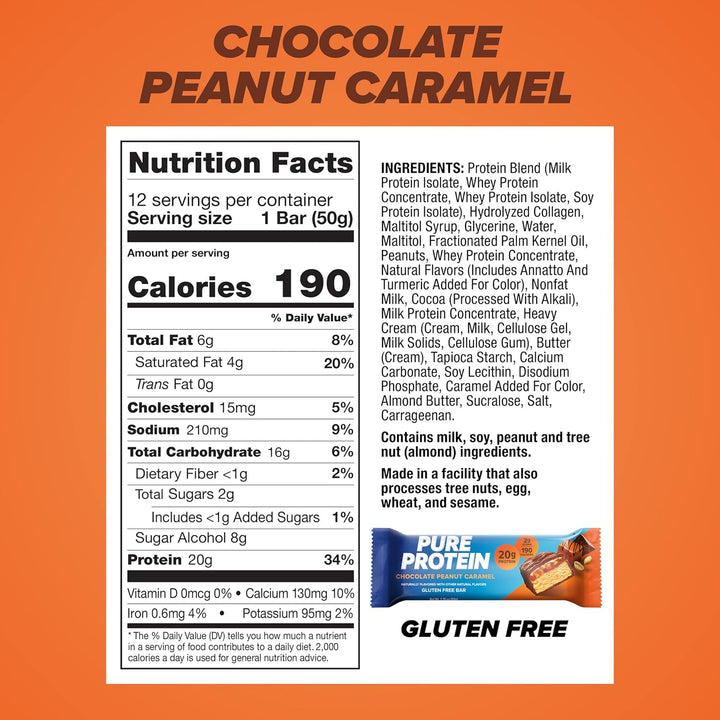 Pure Protein Bars Chocolate Peanut Caramel, 12 Ct, 20g Protein