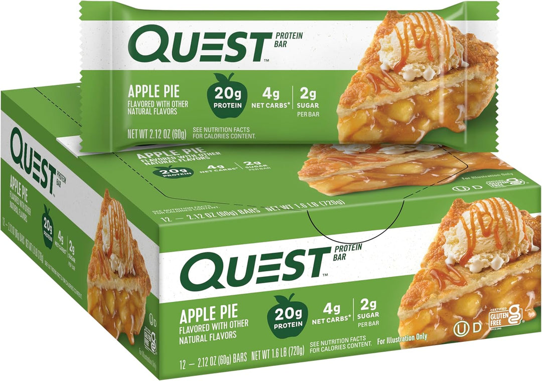 Savor the warm, comforting taste of apple pie with Quest Nutrition Apple Pie Protein Bars. Each individually wrapped 2.12 oz bar packs 20g dairy-based protein, 4g net carbs, and only 2g sugar, making it a perfect keto-friendly, gluten-free snack for busy days or post-workout recovery. Real dried apple, toffee, and graham-flavored pieces topped with a sweet drizzle create a dessert-like experience while supporting muscle growth and sustained energy.