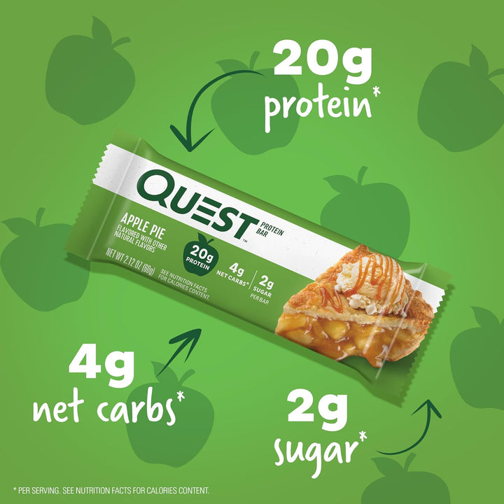 Savor the warm, comforting taste of apple pie with Quest Nutrition Apple Pie Protein Bars. Each individually wrapped 2.12 oz bar packs 20g dairy-based protein, 4g net carbs, and only 2g sugar, making it a perfect keto-friendly, gluten-free snack for busy days or post-workout recovery. Real dried apple, toffee, and graham-flavored pieces topped with a sweet drizzle create a dessert-like experience while supporting muscle growth and sustained energy.