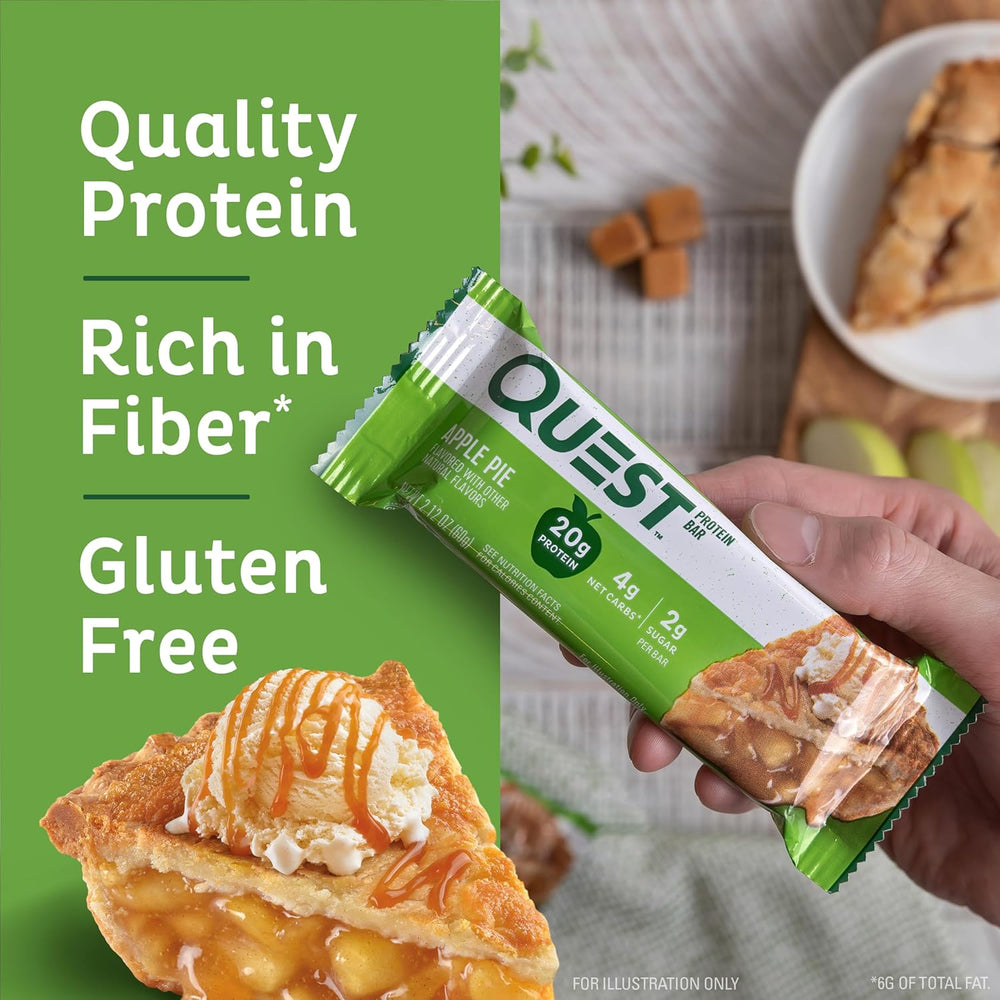 Savor the warm, comforting taste of apple pie with Quest Nutrition Apple Pie Protein Bars. Each individually wrapped 2.12 oz bar packs 20g dairy-based protein, 4g net carbs, and only 2g sugar, making it a perfect keto-friendly, gluten-free snack for busy days or post-workout recovery. Real dried apple, toffee, and graham-flavored pieces topped with a sweet drizzle create a dessert-like experience while supporting muscle growth and sustained energy.
