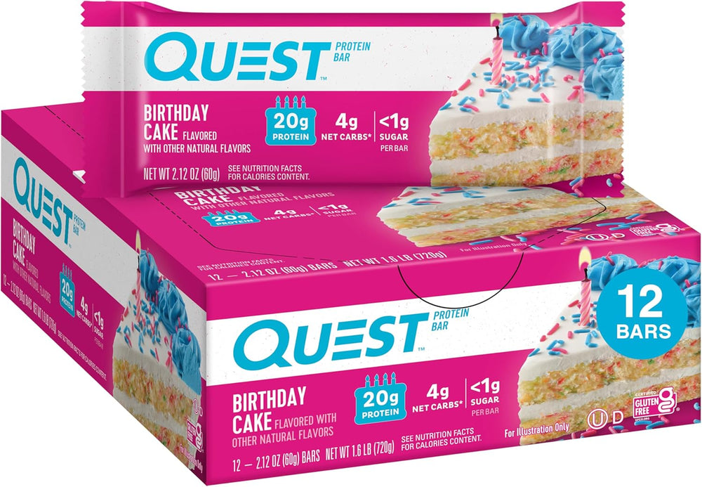 Celebrate every day with&nbsp;Quest Nutrition Birthday Cake Protein Bars, a festive treat packed with 20g of complete dairy-based protein containing all 9 essential amino acids. Each bar offers only 1g sugar, 4g net carbs, and 12g fiber, making it the perfect keto-friendly, gluten-free protein snack. Enjoy the sweet, cake-like flavor without added sugar—ideal for post-workout recovery, a high-protein low-carb snack, or an on-the-go guilt-free dessert that keeps your nutrition goals on track.