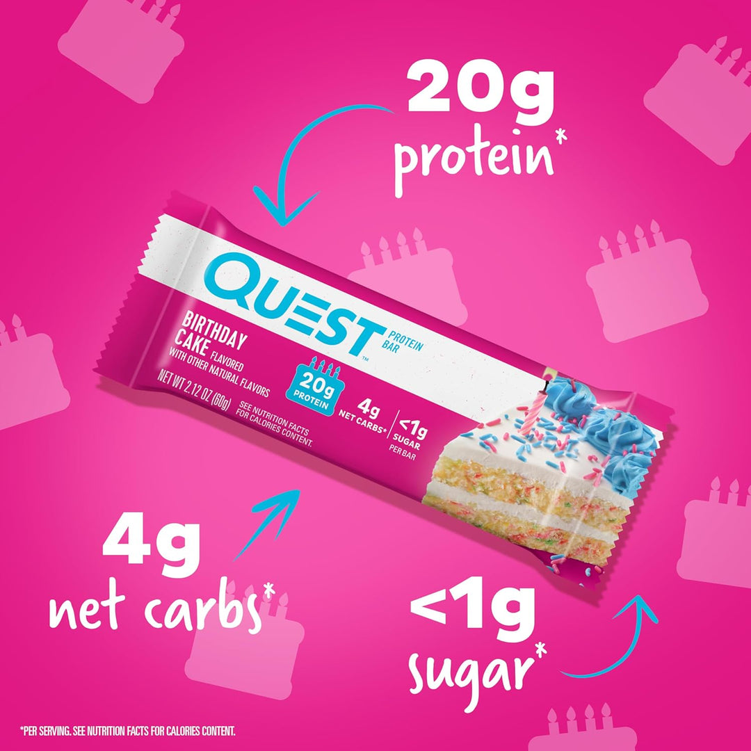 Celebrate every day with&nbsp;Quest Nutrition Birthday Cake Protein Bars, a festive treat packed with 20g of complete dairy-based protein containing all 9 essential amino acids. Each bar offers only 1g sugar, 4g net carbs, and 12g fiber, making it the perfect keto-friendly, gluten-free protein snack. Enjoy the sweet, cake-like flavor without added sugar—ideal for post-workout recovery, a high-protein low-carb snack, or an on-the-go guilt-free dessert that keeps your nutrition goals on track.