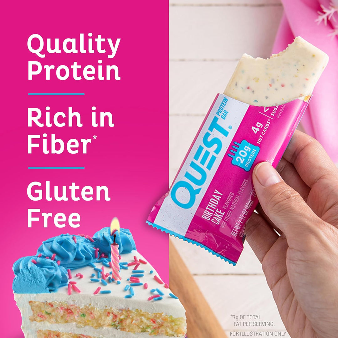 Celebrate every day with&nbsp;Quest Nutrition Birthday Cake Protein Bars, a festive treat packed with 20g of complete dairy-based protein containing all 9 essential amino acids. Each bar offers only 1g sugar, 4g net carbs, and 12g fiber, making it the perfect keto-friendly, gluten-free protein snack. Enjoy the sweet, cake-like flavor without added sugar—ideal for post-workout recovery, a high-protein low-carb snack, or an on-the-go guilt-free dessert that keeps your nutrition goals on track.