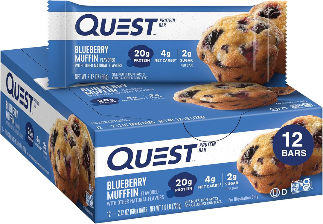 Enjoy the taste of a fresh blueberry muffin anytime with Quest Nutrition Blueberry Muffin Protein Bars. Each bar provides 20g of complete dairy-based protein, 2g sugar, 5g net carbs, and 13g fiber, making it a perfect gluten-free, keto-friendly snack for on-the-go energy or post-workout recovery. 