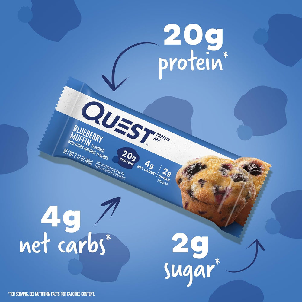 Enjoy the taste of a fresh blueberry muffin anytime with Quest Nutrition Blueberry Muffin Protein Bars. Each bar provides 20g of complete dairy-based protein, 2g sugar, 5g net carbs, and 13g fiber, making it a perfect gluten-free, keto-friendly snack for on-the-go energy or post-workout recovery. 