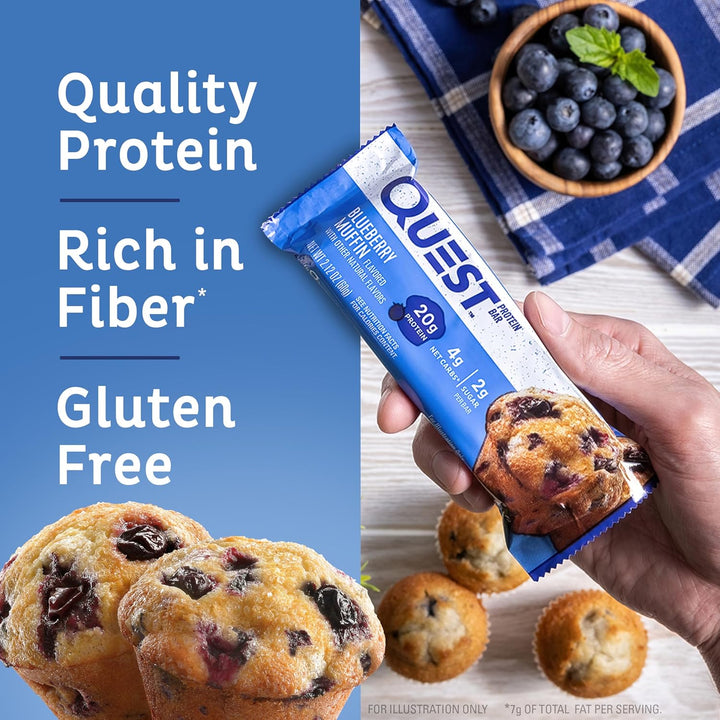 Enjoy the taste of a fresh blueberry muffin anytime with Quest Nutrition Blueberry Muffin Protein Bars. Each bar provides 20g of complete dairy-based protein, 2g sugar, 5g net carbs, and 13g fiber, making it a perfect gluten-free, keto-friendly snack for on-the-go energy or post-workout recovery. 