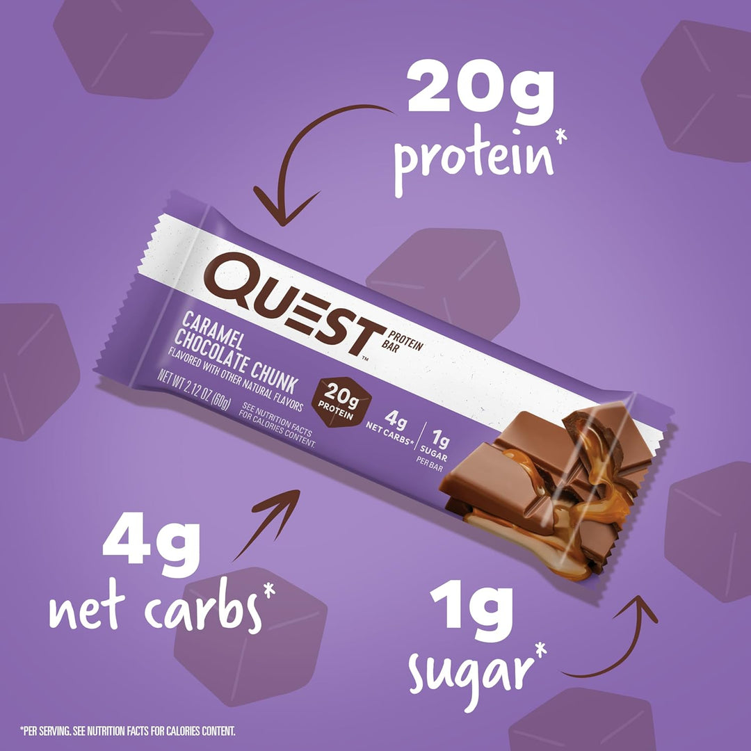 Satisfy sweet cravings with Quest Caramel Chocolate Chunk Protein Bars. Each bar delivers 20g of complete dairy-based protein and 9 essential amino acids to support muscle recovery. With only 4g net carbs, 1g sugar, and 13g fiber, these gluten-free, keto-friendly bars help manage weight and keep you full longer. Enjoy rich caramel and chocolate flavor without added sugar—perfect for post-workout fuel or a guilt-free snack anytime.