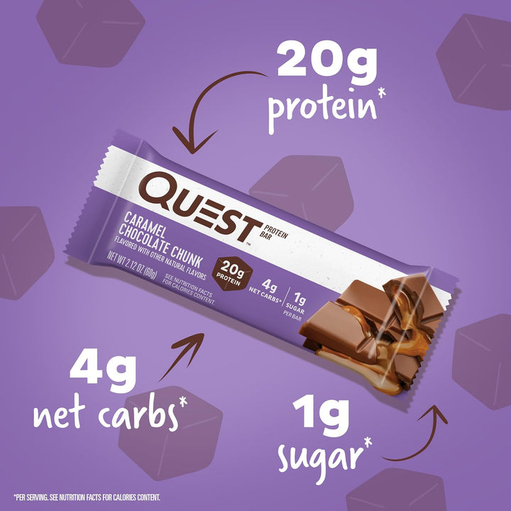 Satisfy sweet cravings with Quest Caramel Chocolate Chunk Protein Bars. Each bar delivers 20g of complete dairy-based protein and 9 essential amino acids to support muscle recovery. With only 4g net carbs, 1g sugar, and 13g fiber, these gluten-free, keto-friendly bars help manage weight and keep you full longer. Enjoy rich caramel and chocolate flavor without added sugar—perfect for post-workout fuel or a guilt-free snack anytime.
