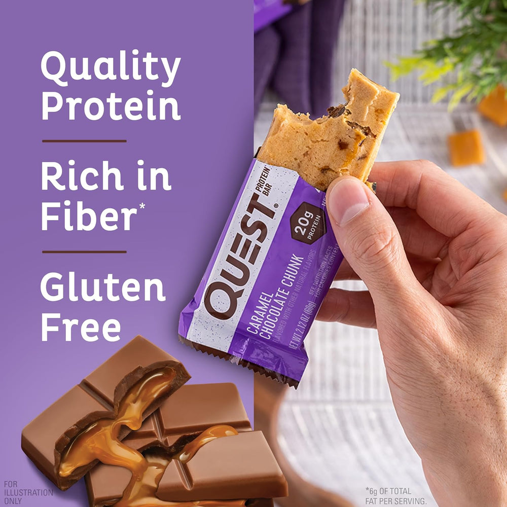 Satisfy sweet cravings with Quest Caramel Chocolate Chunk Protein Bars. Each bar delivers 20g of complete dairy-based protein and 9 essential amino acids to support muscle recovery. With only 4g net carbs, 1g sugar, and 13g fiber, these gluten-free, keto-friendly bars help manage weight and keep you full longer. Enjoy rich caramel and chocolate flavor without added sugar—perfect for post-workout fuel or a guilt-free snack anytime.