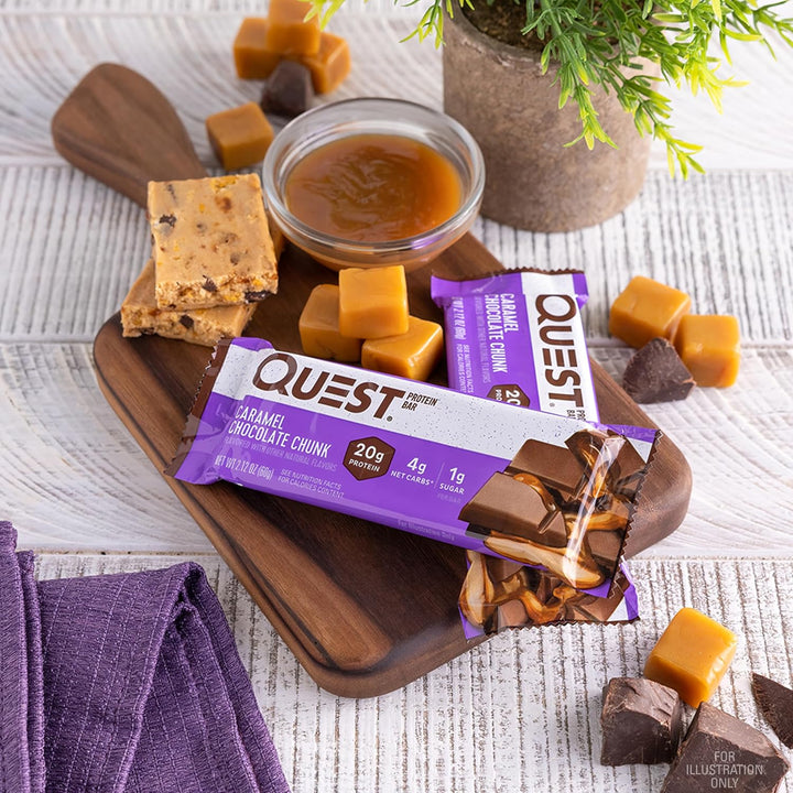 Satisfy sweet cravings with Quest Caramel Chocolate Chunk Protein Bars. Each bar delivers 20g of complete dairy-based protein and 9 essential amino acids to support muscle recovery. With only 4g net carbs, 1g sugar, and 13g fiber, these gluten-free, keto-friendly bars help manage weight and keep you full longer. Enjoy rich caramel and chocolate flavor without added sugar—perfect for post-workout fuel or a guilt-free snack anytime.