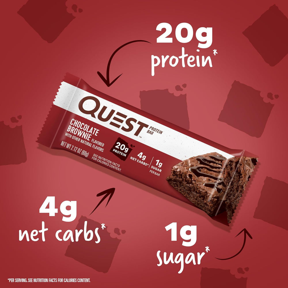 Satisfy rich brownie cravings with Quest Nutrition Chocolate Brownie Protein Bars. Each decadent bar provides 20g of complete dairy-based protein with all 9 essential amino acids to fuel muscle recovery and energy. With 1g sugar, 4g net carbs, and 15g fiber, these gluten-free, keto-friendly protein bars offer a high-protein, low-carb snack you can enjoy guilt-free. Perfect for post-workout fuel, healthy on-the-go snacks, or a chocolate lover’s dessert, Quest makes it easy to indulge while staying on track w